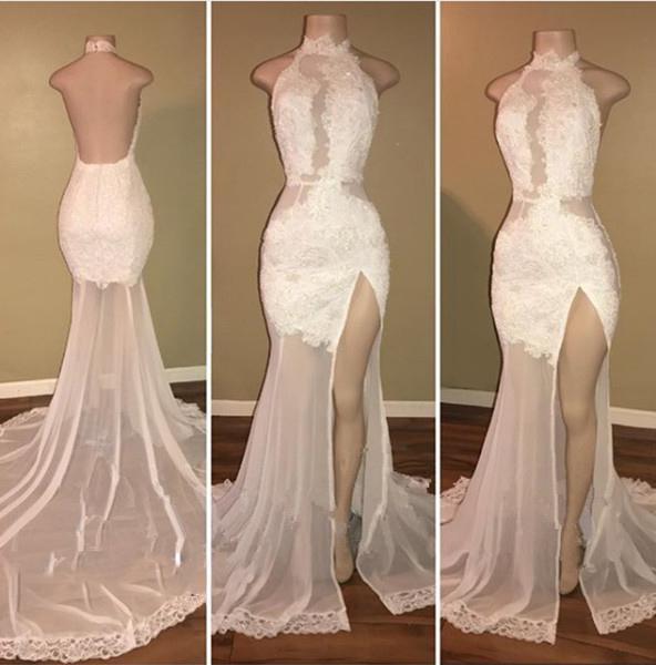 New Arrival Sheath White High Neck Side Slit Lace Backless See Through African Prom Dresses