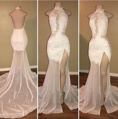 New Arrival Sheath White High Neck Side Slit Lace Backless See Through African Prom Dresses