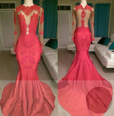 2024 Red Mermaid See Through Long Sleeves Satin Appliques Long Prom Dresses