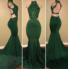 Sexy High Neck Green Backless Mermaid Elastic Satin Appliques Long African Prom Dresses
