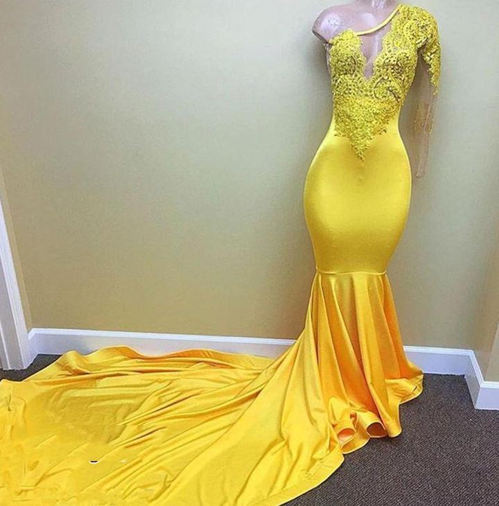 Charming One Shoulder Yellow See Through Mermaid Long Prom Dresses
