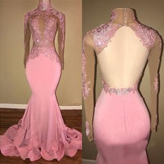 Alluring Pink Mermaid Long Sleeves Backless Elastic Satin Open Front High Neck 2024 Prom Dresses