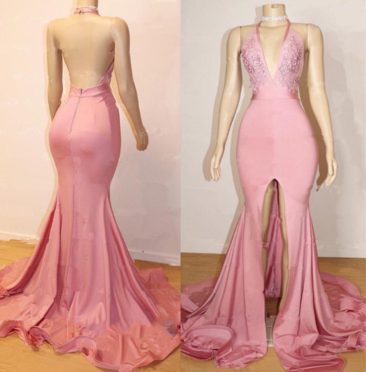 Sheath Pink Side Slit V Neck Backless Long High Waist Prom Dresses