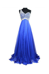 Cheap A Line Royal Blue Chiffon One Shoulder Beaded Prom Dresses