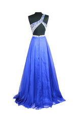 Cheap A Line Royal Blue Chiffon One Shoulder Beaded Prom Dresses