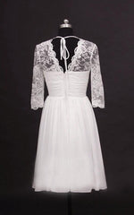 2024 A Line Cheap V Neck Long Sleeves Chiffon Knee Length Short Lace Wedding Dresses