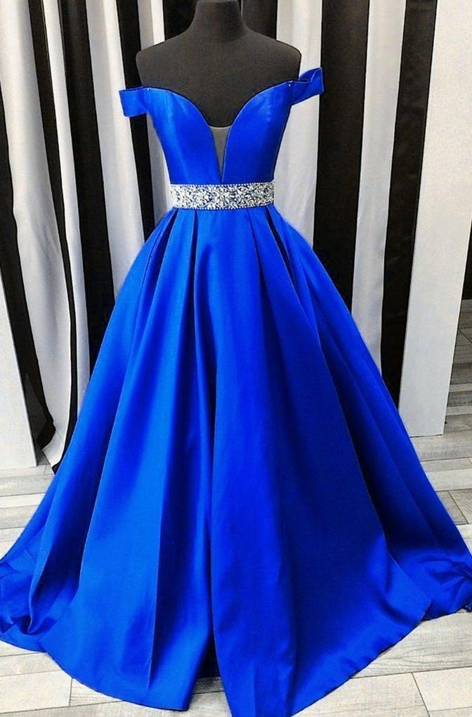 2024 New Arrival A Line Satin Royal Blue Sweetheart Off Shoulder Beaded Long Prom Dresses