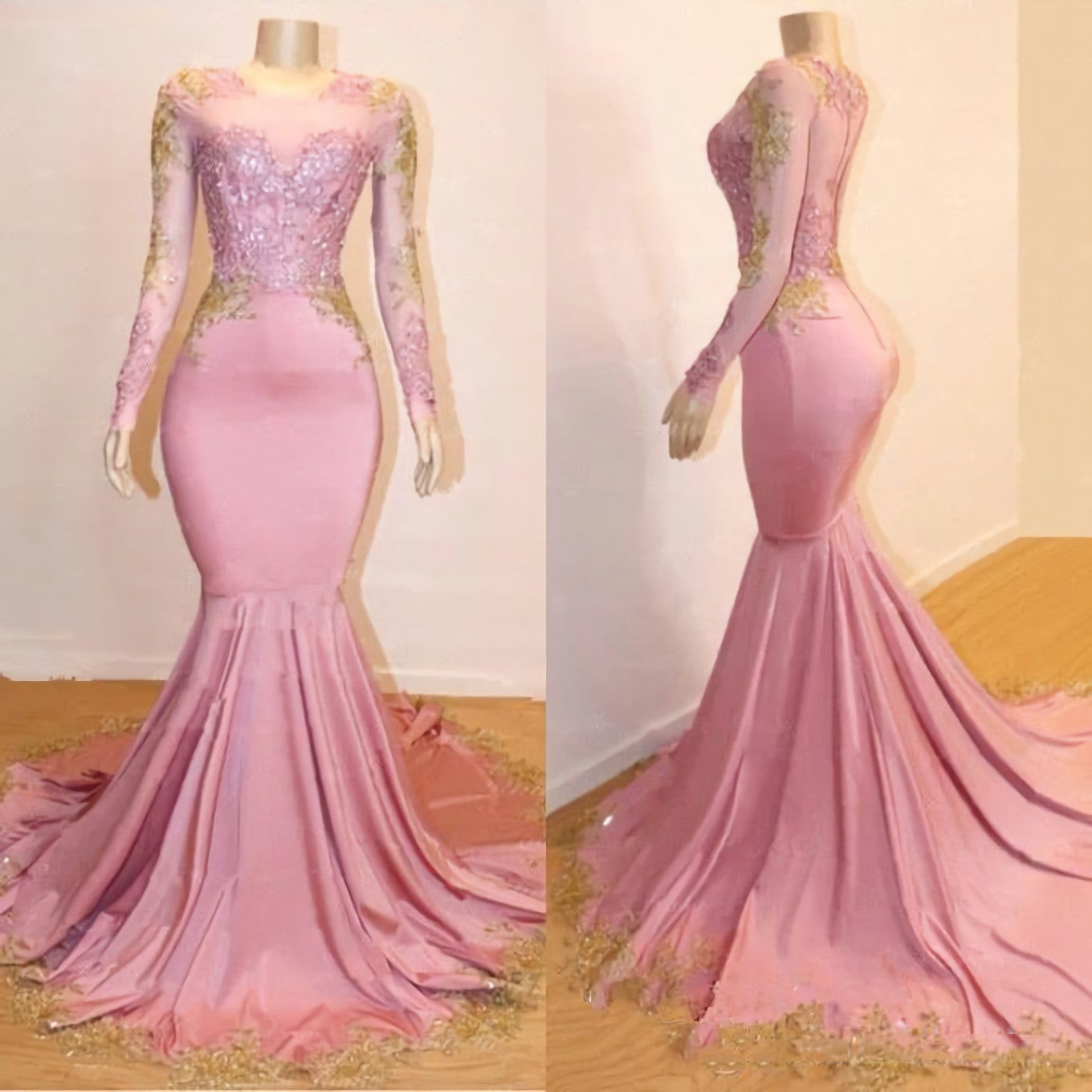 Mermaid Long Sleeves Blushing Pink Sweetheart African American Long 2024 Prom Dresses