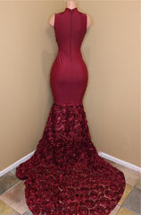 2024 New Arrival Mermaid Burgundy High Neck Rose Ruffles Sleeveless Long African American Prom Dress