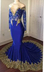 2024 Sexy Mermaid Royal Blue And Gold Appliques Long Sleeves V Neck Off Shoulder Prom Dress