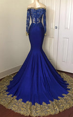 2024 Sexy Mermaid Royal Blue And Gold Appliques Long Sleeves V Neck Off Shoulder Prom Dress