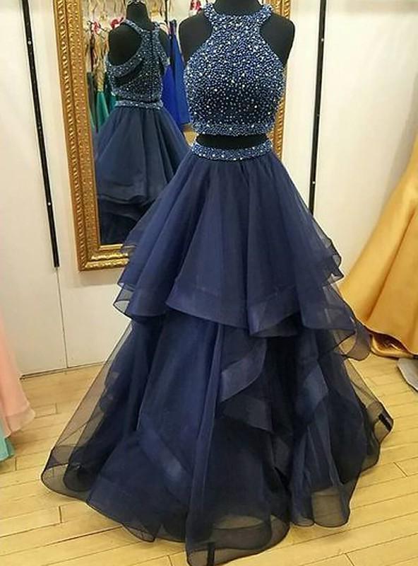2024 Cheap A Line Ruffles Tulle Navy Blue High Neck Two Pieces Prom Dress