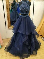 2024 Cheap A Line Ruffles Tulle Navy Blue High Neck Two Pieces Prom Dress
