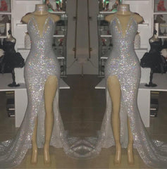 2024 Sexy Silver Halter V-neck Side Split Sequins Prom Dresses