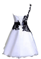 A Line One Shoulder Lace Up White Satin Appliques Flowers Homecoming Dresses