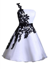 A Line One Shoulder Lace Up White Satin Appliques Flowers Homecoming Dresses