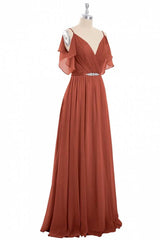 Rust Orange Chiffon Cold-Shoulder Long Bridesmaid Dress