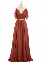 Rust Orange Chiffon Cold-Shoulder Long Bridesmaid Dress