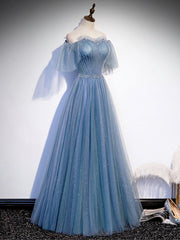 Blue Sweetheart Tulle Sequin Long Prom Dress, Blue Formal Dress, 1