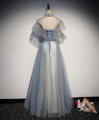 Light Blue Tulle Lace Long Prom Dress, Tulle Evening Dress