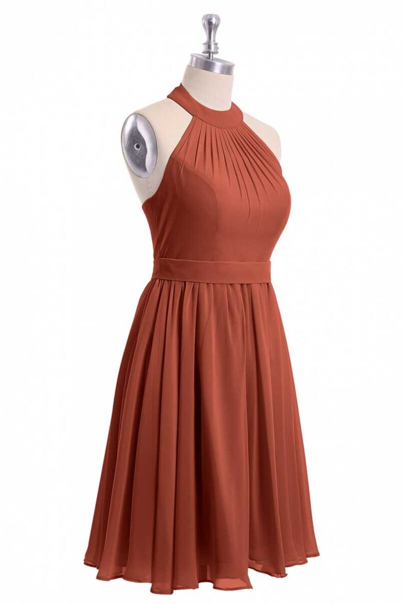 Rust Orange Chiffon Halter Backless A-Line Short Bridesmaid Dress