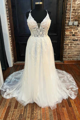 White Lace V-Neck Backless A-Line Long Wedding Dress