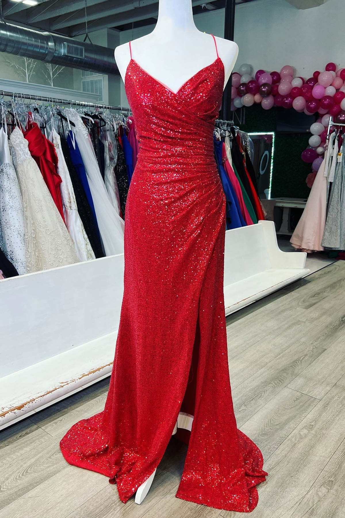 Red Sequin Lace-Up Back Mermaid Long Prom Dress with Slit