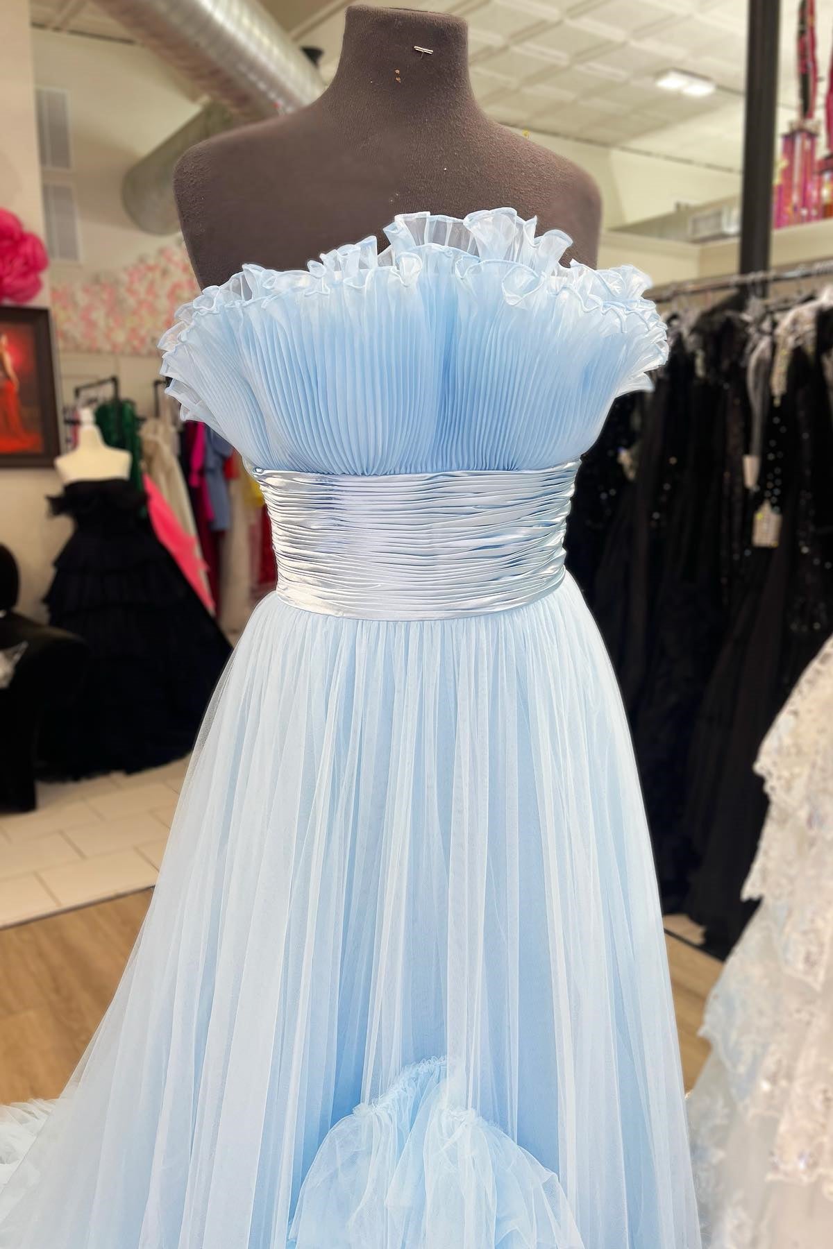 Sky Blue Strapless Ruffled Empire Tulle Long Prom Dress