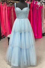 Light Blue Sweetheart Beaded Straps Multi-Layers Long Prom Dress