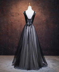 Black V Neck Tulle Lace Applique Long Prom Dress, Black Evening Dress, 1