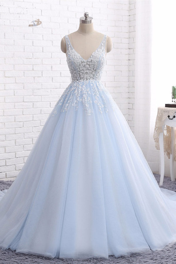 Ball Gown Chapel Train V Neck Sleeveless Backless Appliques Prom Dresses