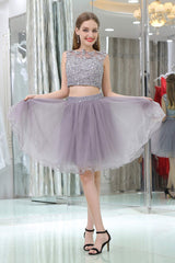 2 Piece Gray Tulle Short Suit Skirt With Lace Homecoming Dresses