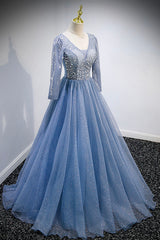 Blue V-Neck Tulle Beading Long Prom Dresses, Long Sleeve Evening Dresses