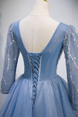 Blue V-Neck Tulle Beading Long Prom Dresses, Long Sleeve Evening Dresses