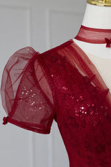 Burgundy Tulle Sequins Tea Length Prom Dress, A-Line Evening Dress