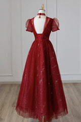 Burgundy Tulle Sequins Tea Length Prom Dress, A-Line Evening Dress