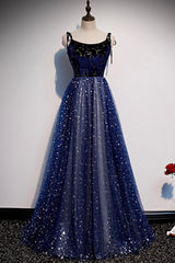 Blue Tulle Long A-Line Prom Dresses, Blue Evening Party Dresses