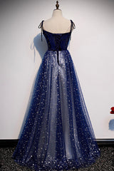Blue Tulle Long A-Line Prom Dresses, Blue Evening Party Dresses