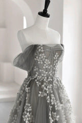Gray Tulle Lace Long Prom Dress, A-Line Off the Shoulder Evening Dress