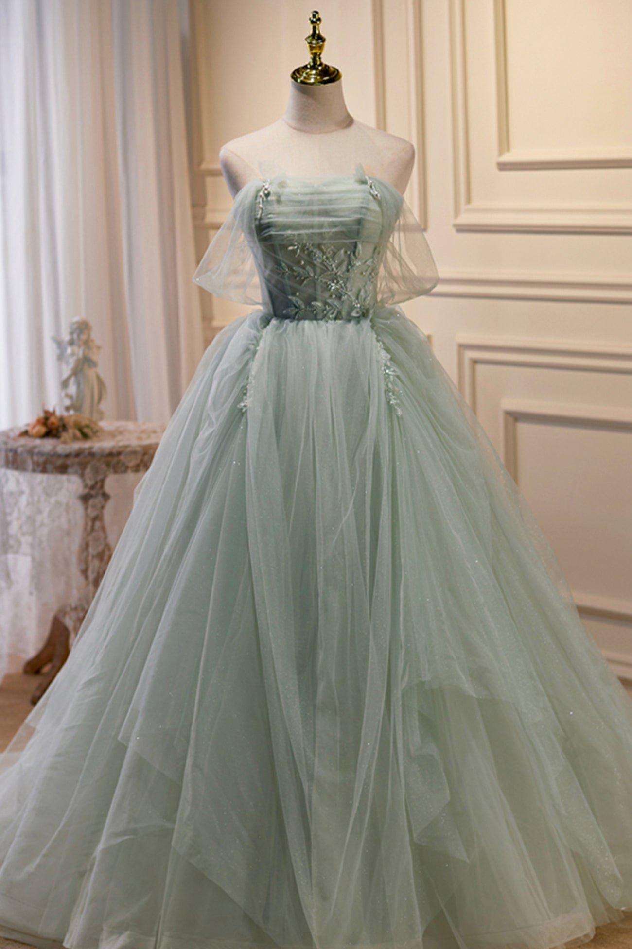 Green Tulle Beaded Ball Gown Off Shoulder Party Dress, Green Sweet 16 Dress