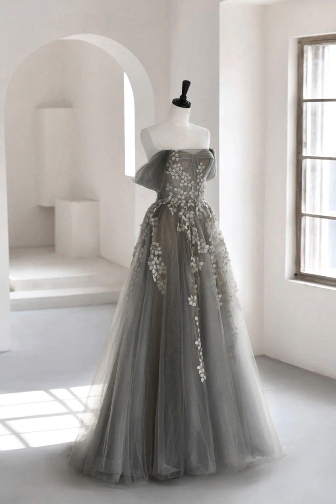 Gray Tulle Lace Long Prom Dress, A-Line Off the Shoulder Evening Dress