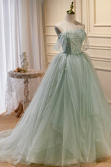 Green Tulle Beaded Ball Gown Off Shoulder Party Dress, Green Sweet 16 Dress