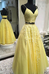 Yellow Lace Long Prom Dresses, Two Pieces Evening Dresses