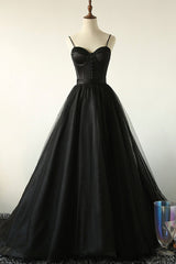 Black A-Line Spaghetti Strap Long Prom Dresses, Black Evening Dresses