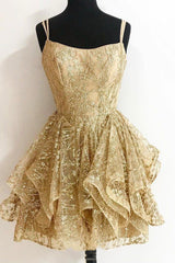 Gold Sequins Short Prom Dresses, A-Line Homecoming Dresses
