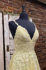 Yellow V-Neck Lace Long Prom Dress, A-Line Evening Dress