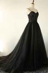 Black A-Line Spaghetti Strap Long Prom Dresses, Black Evening Dresses