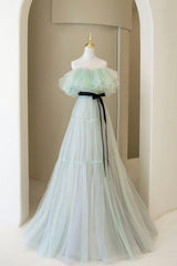 Green Tulle Floor Length Prom Dress, A-Line Off Shoulder Evening Dress