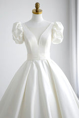 White V-Neck Satin Long Formal Dress, Wedding Formal Dress