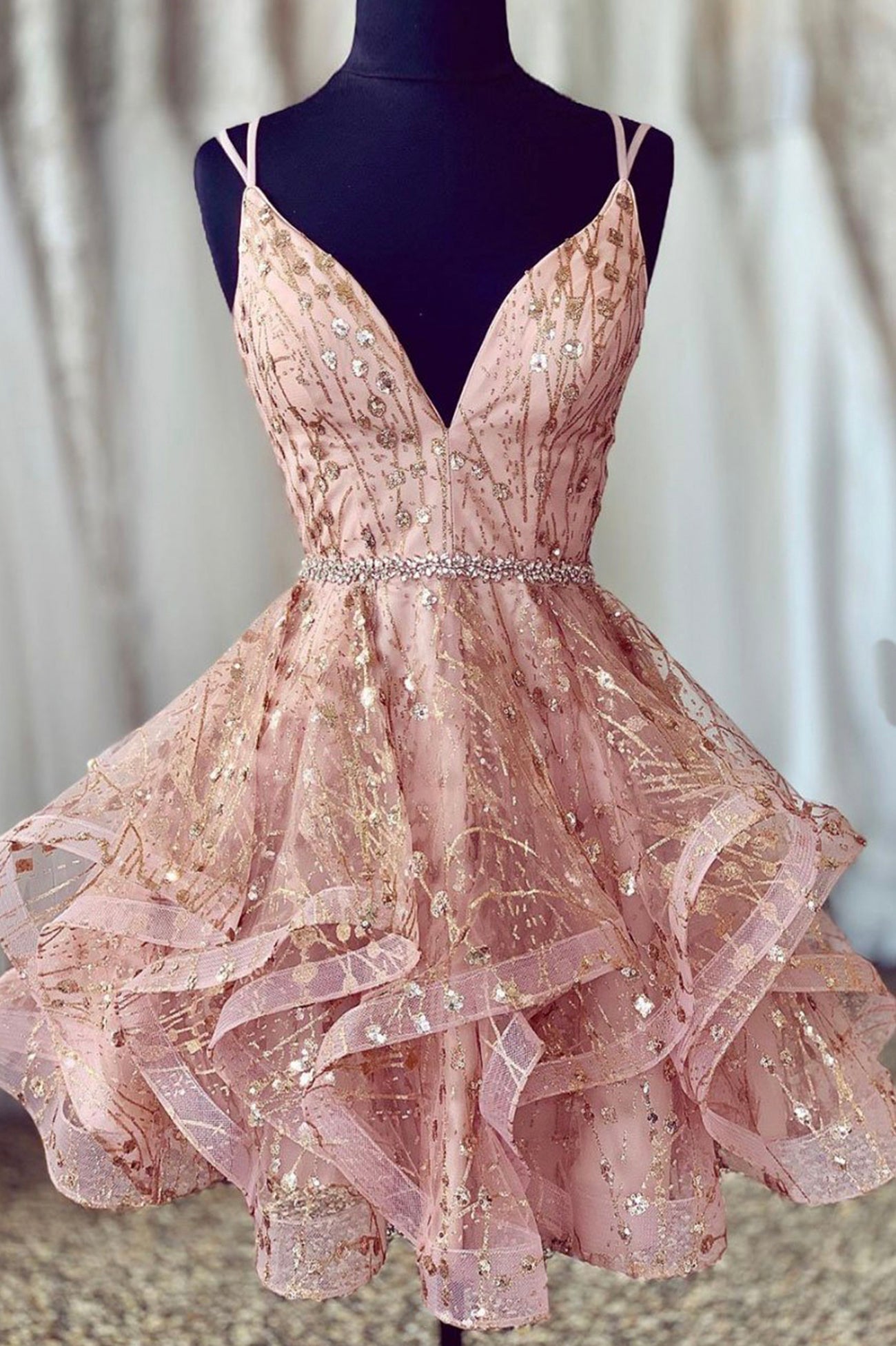 Pink V-Neck Tulle Short Prom Dresses, A-Line Mini Party Dresses